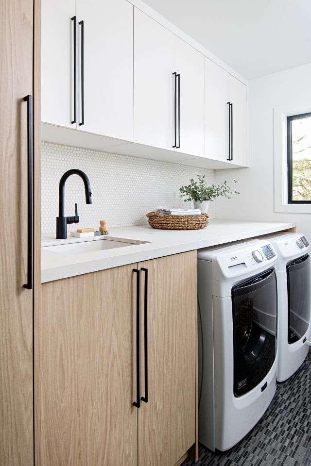 laundry room design black and white with natural wood